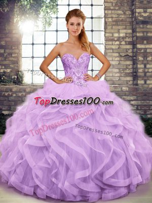 Charming Lavender Ball Gowns Beading and Ruffles Vestidos de Quinceanera Lace Up Tulle Sleeveless Floor Length