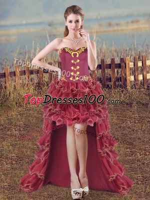 Embroidery and Ruffles Red Carpet Prom Dress Burgundy Lace Up Sleeveless High Low
