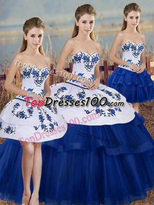 Elegant Royal Blue Ball Gowns Tulle Sweetheart Sleeveless Embroidery and Bowknot Floor Length Lace Up Quinceanera Gowns