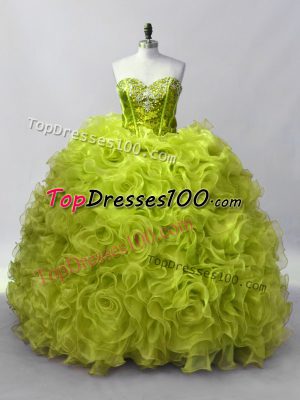 Sleeveless Floor Length Ruffles and Sequins Lace Up Sweet 16 Quinceanera Dress with Yellow Green