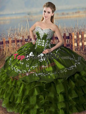Olive Green Ball Gowns Embroidery and Ruffles Sweet 16 Quinceanera Dress Lace Up Satin Sleeveless Floor Length