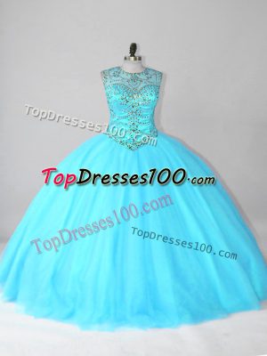 Aqua Blue Ball Gowns Tulle Scoop Sleeveless Beading Floor Length Lace Up Ball Gown Prom Dress