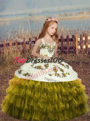 Olive Green Ball Gowns Straps Sleeveless Organza Floor Length Lace Up Embroidery and Ruffles Little Girls Pageant Dress
