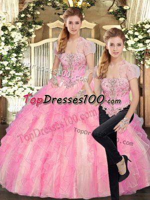 Baby Pink Tulle Lace Up Strapless Sleeveless Floor Length Vestidos de Quinceanera Beading and Ruffles