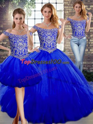 Sleeveless Floor Length Beading and Ruffles Lace Up Vestidos de Quinceanera with Royal Blue