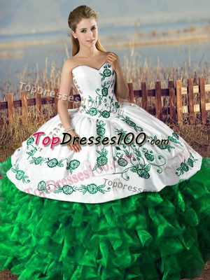 Dark Green Ball Gowns Satin and Organza Sweetheart Embroidery and Ruffles Lace Up Quinceanera Gown