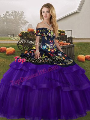 Great Black And Purple Tulle Lace Up Off The Shoulder Sleeveless Quinceanera Gown Brush Train Embroidery and Ruffled Layers