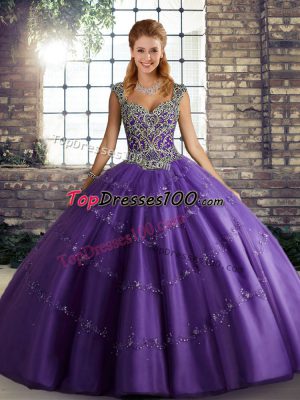 Beading and Appliques 15 Quinceanera Dress Purple Lace Up Sleeveless Floor Length