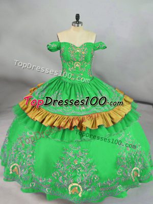 Green Satin Lace Up Off The Shoulder Sleeveless Floor Length Quinceanera Gowns Embroidery