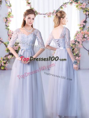 Fitting Grey Half Sleeves Lace Floor Length Vestidos de Damas