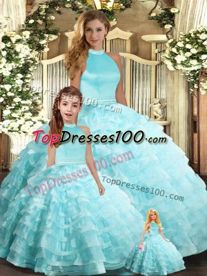 Artistic Aqua Blue Ball Gowns Organza Halter Top Sleeveless Beading and Ruffled Layers Floor Length Backless Sweet 16 Quinceanera Dress