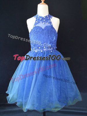 Blue Lace Up Glitz Pageant Dress Beading and Lace Sleeveless Mini Length