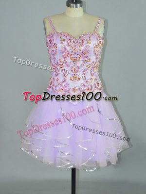 Classical Lavender Lace Up Spaghetti Straps Beading and Ruffles Dress for Prom Tulle Sleeveless