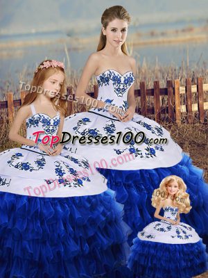Enchanting Royal Blue Sweetheart Neckline Embroidery and Ruffled Layers and Bowknot Quince Ball Gowns Sleeveless Lace Up