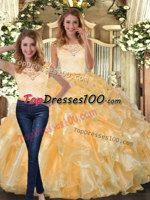 Gold Two Pieces Organza Scoop Sleeveless Lace and Ruffles Floor Length Clasp Handle Quince Ball Gowns