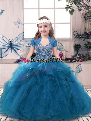 Trendy Floor Length Blue Custom Made Pageant Dress Straps Sleeveless Lace Up