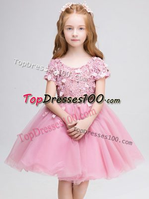 Suitable Mini Length Pink Flower Girl Dresses for Less Scoop Short Sleeves Lace Up
