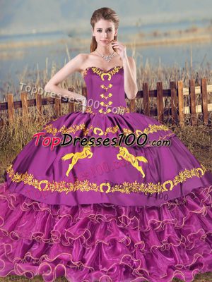 Classical Sweetheart Sleeveless Brush Train Lace Up Ball Gown Prom Dress Purple Satin and Organza