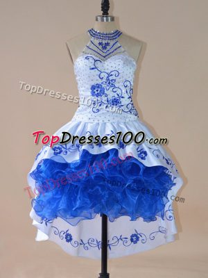 Dazzling Royal Blue Lace Up Cocktail Dresses Embroidery and Ruffles Sleeveless High Low