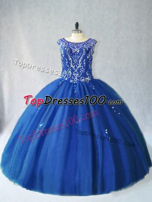 Blue Sleeveless Tulle Lace Up Quince Ball Gowns for Sweet 16 and Quinceanera