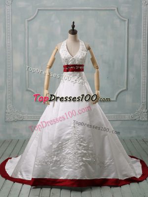 Designer Brush Train Ball Gowns Wedding Dress White Halter Top Satin Sleeveless Lace Up