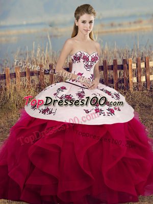 Ball Gowns Ball Gown Prom Dress White And Red Sweetheart Tulle Sleeveless Floor Length Lace Up
