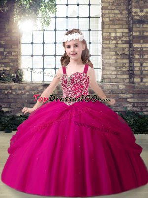 Tulle Straps Sleeveless Lace Up Beading Little Girl Pageant Gowns in Fuchsia