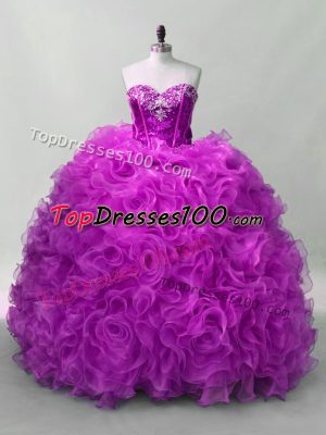Enchanting Purple Ball Gowns Organza and Fabric With Rolling Flowers Sweetheart Sleeveless Sequins Floor Length Lace Up 15 Quinceanera Dress