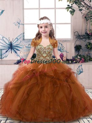 Floor Length Lace Up Glitz Pageant Dress Rust Red for Party and Sweet 16 and Wedding Party with Beading and Ruffles