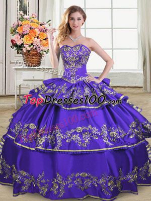 Sweetheart Sleeveless Quinceanera Gowns Floor Length Embroidery and Ruffled Layers Purple Satin and Organza