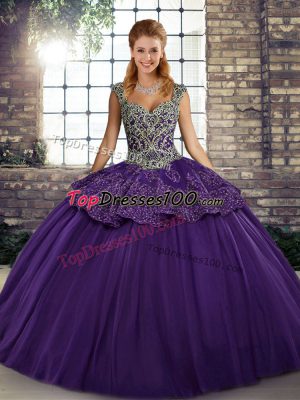 Sleeveless Tulle Floor Length Lace Up Quinceanera Gown in Purple with Beading and Appliques