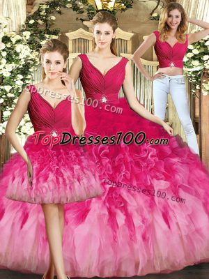 Sleeveless Floor Length Beading and Ruffles Lace Up 15 Quinceanera Dress with Multi-color
