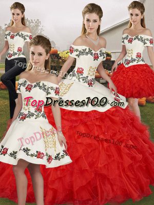 White And Red Sleeveless Organza Lace Up 15 Quinceanera Dress for Military Ball and Sweet 16 and Quinceanera