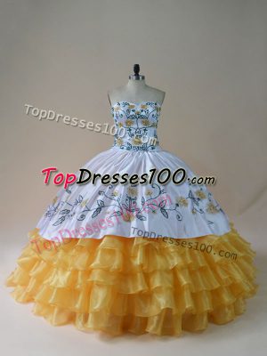 Yellow And White Sweetheart Neckline Embroidery and Ruffled Layers Quinceanera Gowns Sleeveless Lace Up