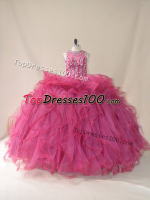 Nice Burgundy Sleeveless Brush Train Beading and Ruffles 15 Quinceanera Dress