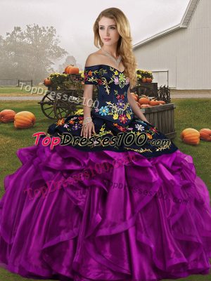 Off The Shoulder Sleeveless Organza Quince Ball Gowns Embroidery and Ruffles Lace Up