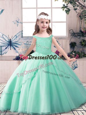 Green Sleeveless Floor Length Beading Lace Up Pageant Dress for Girls