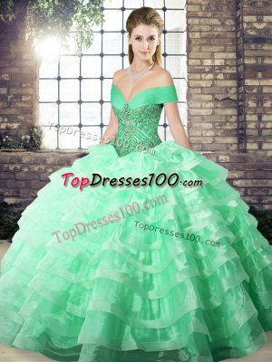 Apple Green Ball Gowns Off The Shoulder Sleeveless Organza Brush Train Lace Up Beading and Ruffled Layers Quinceanera Dresses