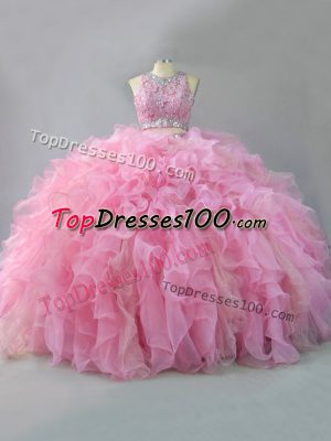 Dazzling Pink Two Pieces Organza Scoop Sleeveless Beading and Ruffles Floor Length Lace Up Quinceanera Dress