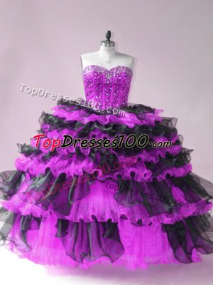 Comfortable Floor Length Black And Purple Quinceanera Gown Organza Sleeveless Beading and Ruffled Layers