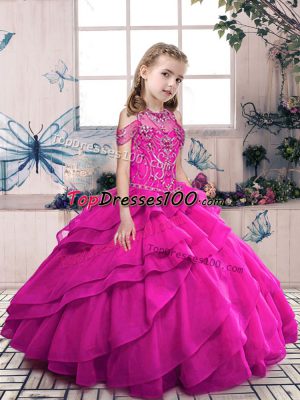 Floor Length Fuchsia Glitz Pageant Dress Halter Top Sleeveless Lace Up