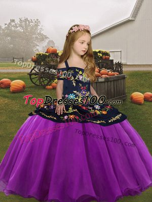 Dramatic Purple Lace Up Little Girl Pageant Dress Embroidery Sleeveless Floor Length