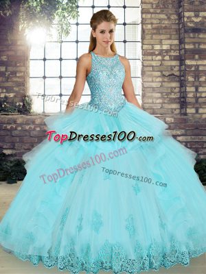 Tulle Scoop Sleeveless Lace Up Lace and Embroidery and Ruffles Quinceanera Gown in Aqua Blue