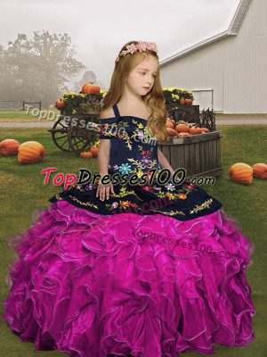 Excellent Floor Length Fuchsia Little Girls Pageant Dress Organza Sleeveless Embroidery and Ruffles