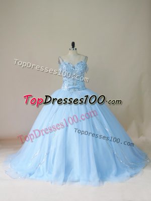Sleeveless Beading Lace Up Sweet 16 Quinceanera Dress with Light Blue Brush Train
