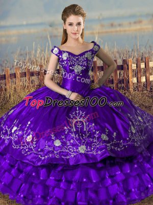 Stylish Floor Length Lace Up Sweet 16 Dress Purple for Sweet 16 and Quinceanera with Embroidery and Ruffled Layers