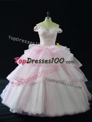 Hot Selling Pink Organza Lace Up Off The Shoulder Sleeveless Quince Ball Gowns Brush Train Beading and Ruffled Layers