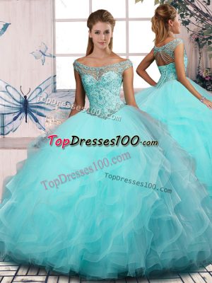 Fashionable Aqua Blue Off The Shoulder Lace Up Beading and Ruffles Sweet 16 Dresses Sleeveless