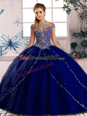 Royal Blue Lace Up Ball Gown Prom Dress Beading Cap Sleeves Brush Train