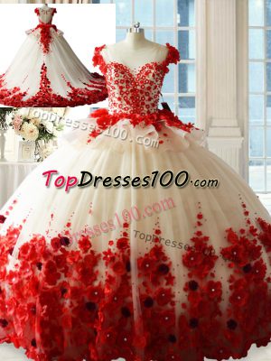 White And Red Ball Gowns Tulle Scoop Sleeveless Hand Made Flower Zipper Quinceanera Gown Brush Train